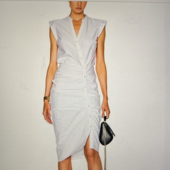 Veronica Beard Ruched Shirt Dress Womens Size 8 Cotton Midi contemporary White - Picture 2 of 12